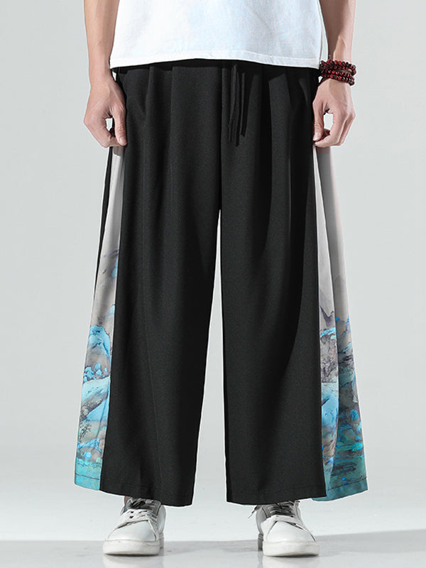 Mens Landscape Print Patchwork Wide Leg Pants SKUK32512