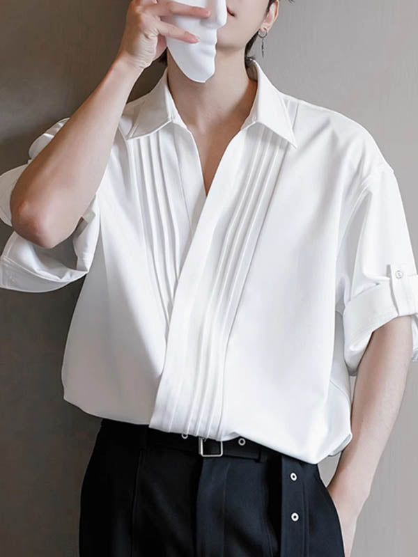 Mens Asymmetrical Pleated Short Sleeve Shirt SKUK71617