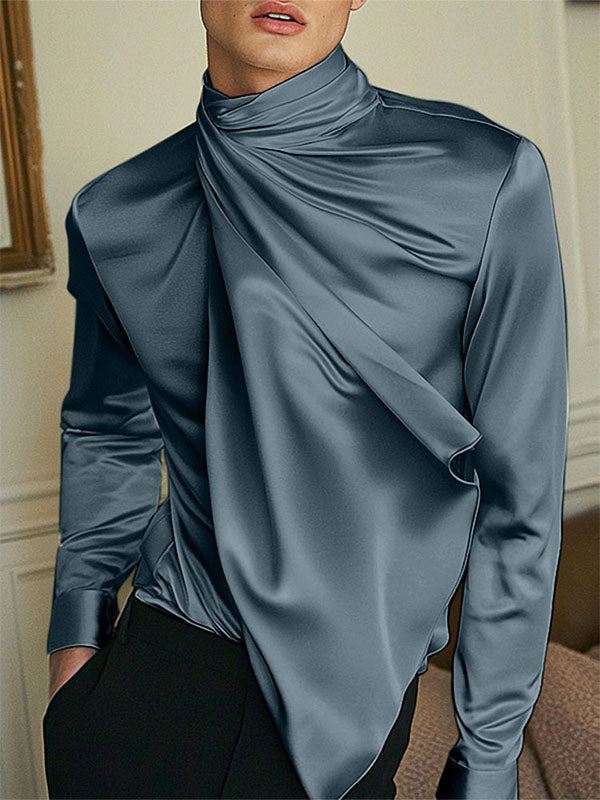 Mens Satin Pleated Long-Sleeve Shirt SKUK87966