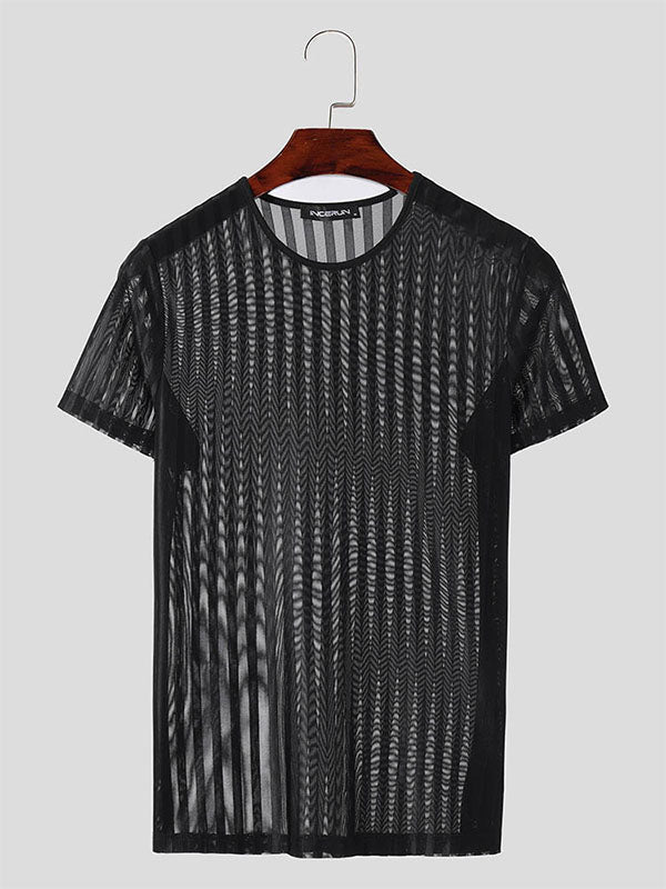 Mens Sexy Striped Sheer Fitted Short Sleeve T-Shirt SKUK67978