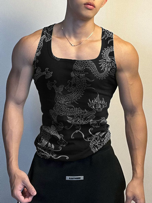 Mens Dragon Print Square Collar Sleeveless Vest SKUK42212