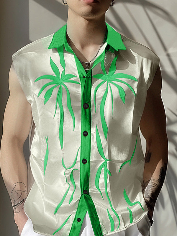 Mens Palm Tree Print Contrast Collar Shirt SKUK70271