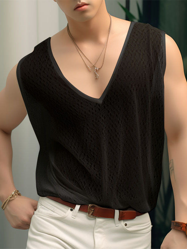 Mens Solid Mesh See Through V-Neck Vest SKUK57159