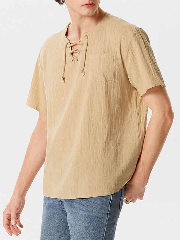 Mens Eyelet Drawstring Casual Short-sleeved Shirts SKUI90676