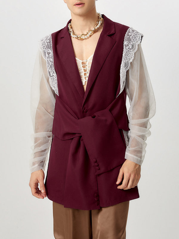 Mens Lace Patchwork Sleeveless Blazer SKUK83489