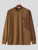 Mens Corduroy Patchwork Color-Block Long-Sleeve T-Shirt SKUK88055