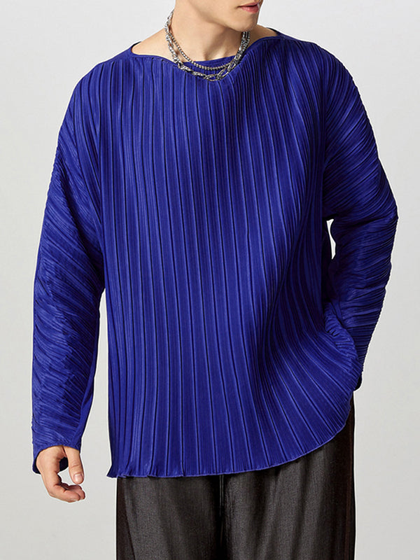 Mens Solid Color Ruched Design Long-Sleeve T-Shirt SKUK84550