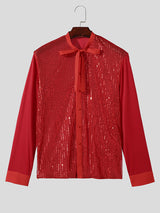 Mens Sequined Mesh Patchwork Tie Neck Shirt SKUK48027