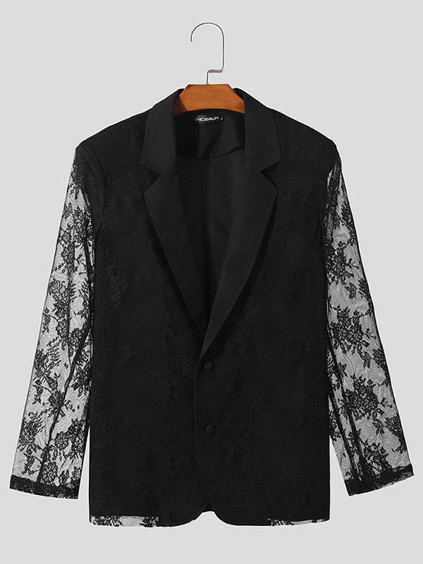 Mens Sheer Lace Print Long Sleeve Blazer SKUK68884