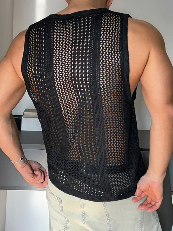 Mens Solid Mesh See Through U-Neck Vest SKUK57934