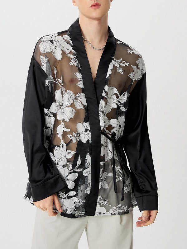 Mens Floral Print Mesh See Through Shirt SKUK66765