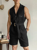 Mens Solid Notched Lapel Sleeveless Casual Jumpsuit SKUK61916
