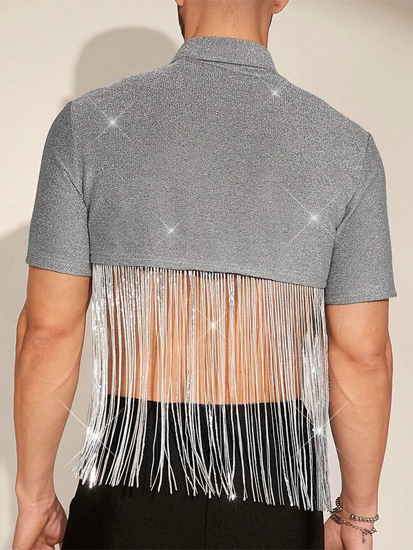 Mens Glitter Fringe Patchwork Short Sleeve Crop Tops SKUK58195