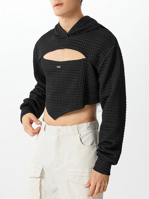 Mens Waffle Knit Cropped Long-Sleeve Hoodie SKUK79539