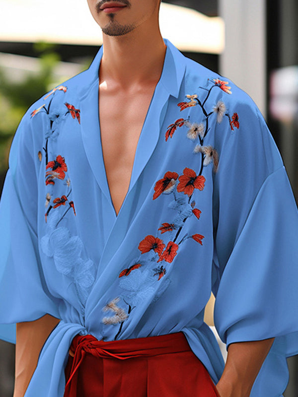 Mens Floral Print Open Front Casual Kimono SKUK56697