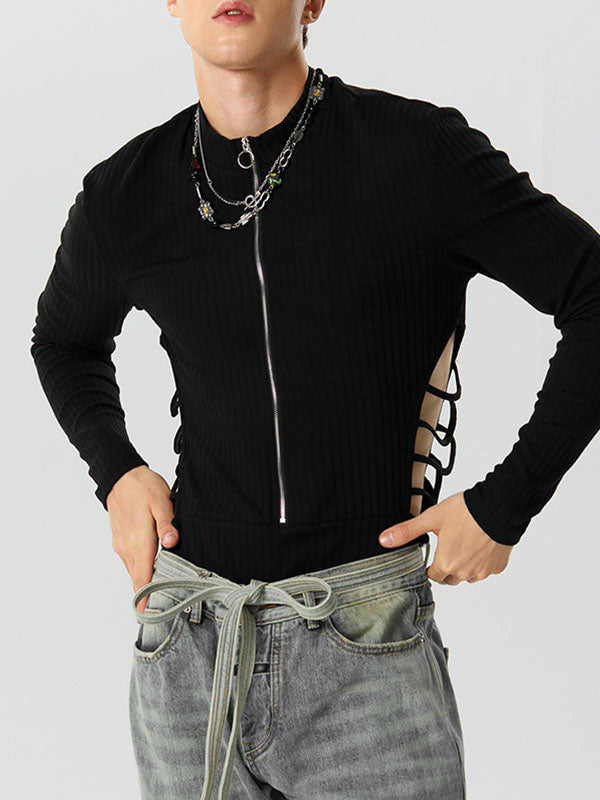 Mens Cutout Zip Front Rib-Knit Bodysuit SKUK26761