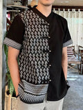 Mens Ethnic Pattern Patchwork Stand Collar Shirt SKUK49609
