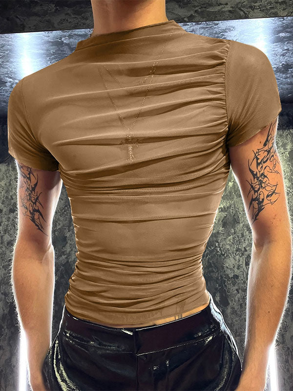 Mens Pleated Mesh Sheer Short Sleeve T-Shirt SKUK92611