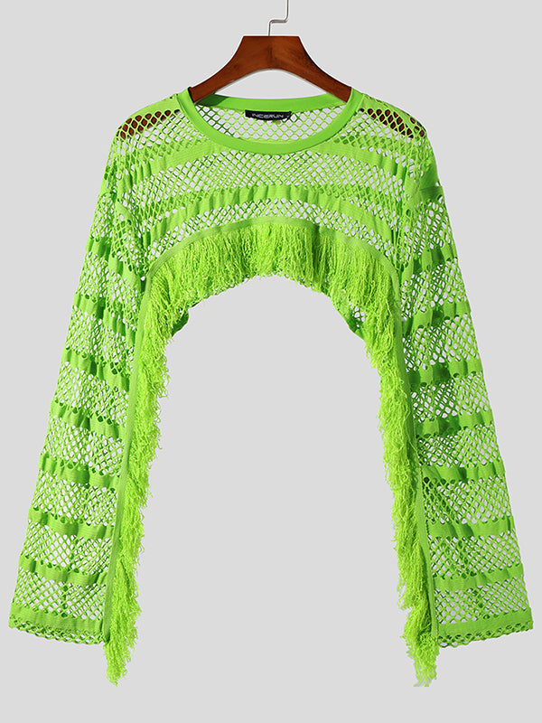 Mens Striped Mesh Fringe Design Crop Top SKUK12329