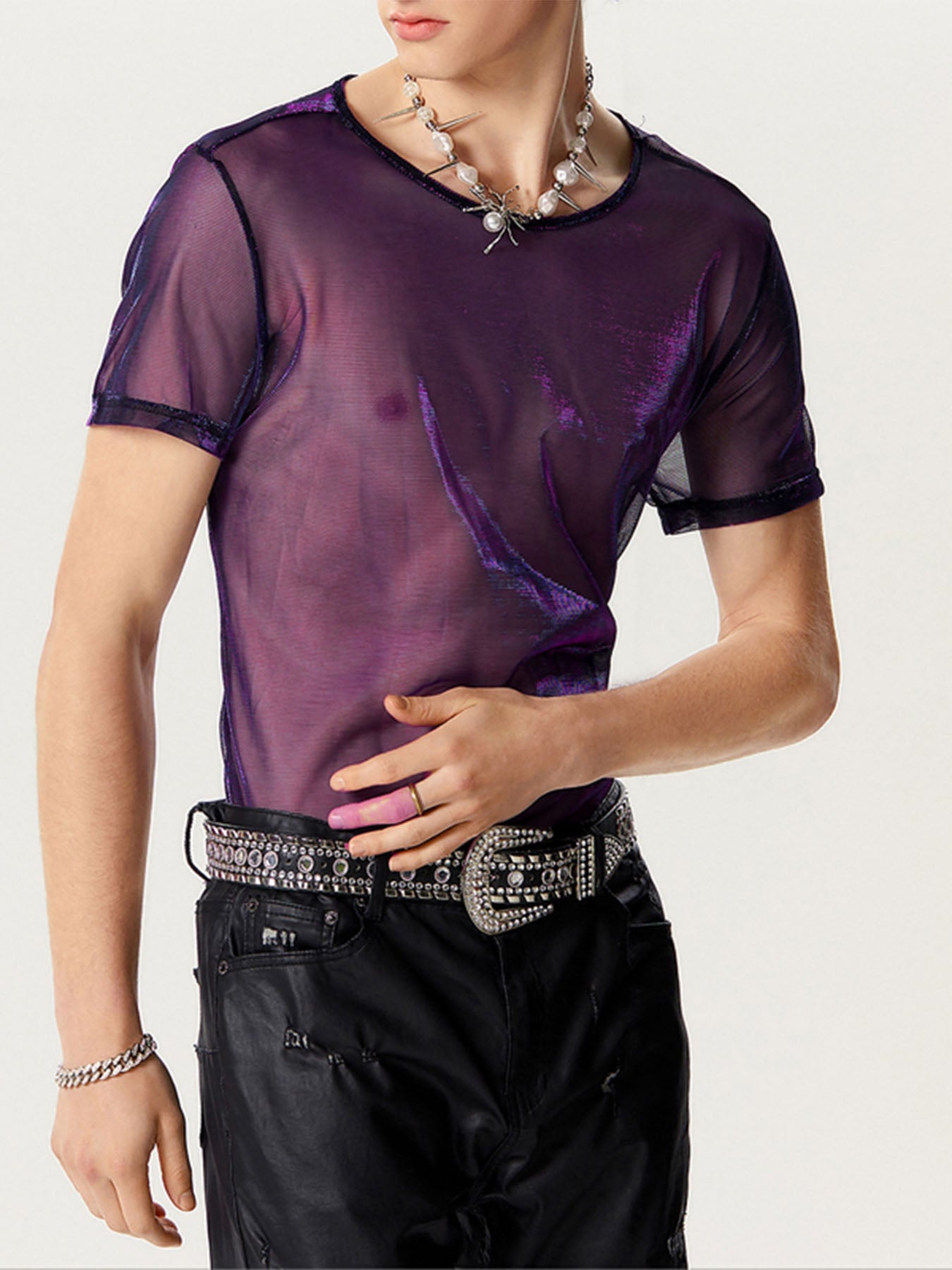 Mens See-through Two-tone Short Sleeved T-Shirts SKUI08937