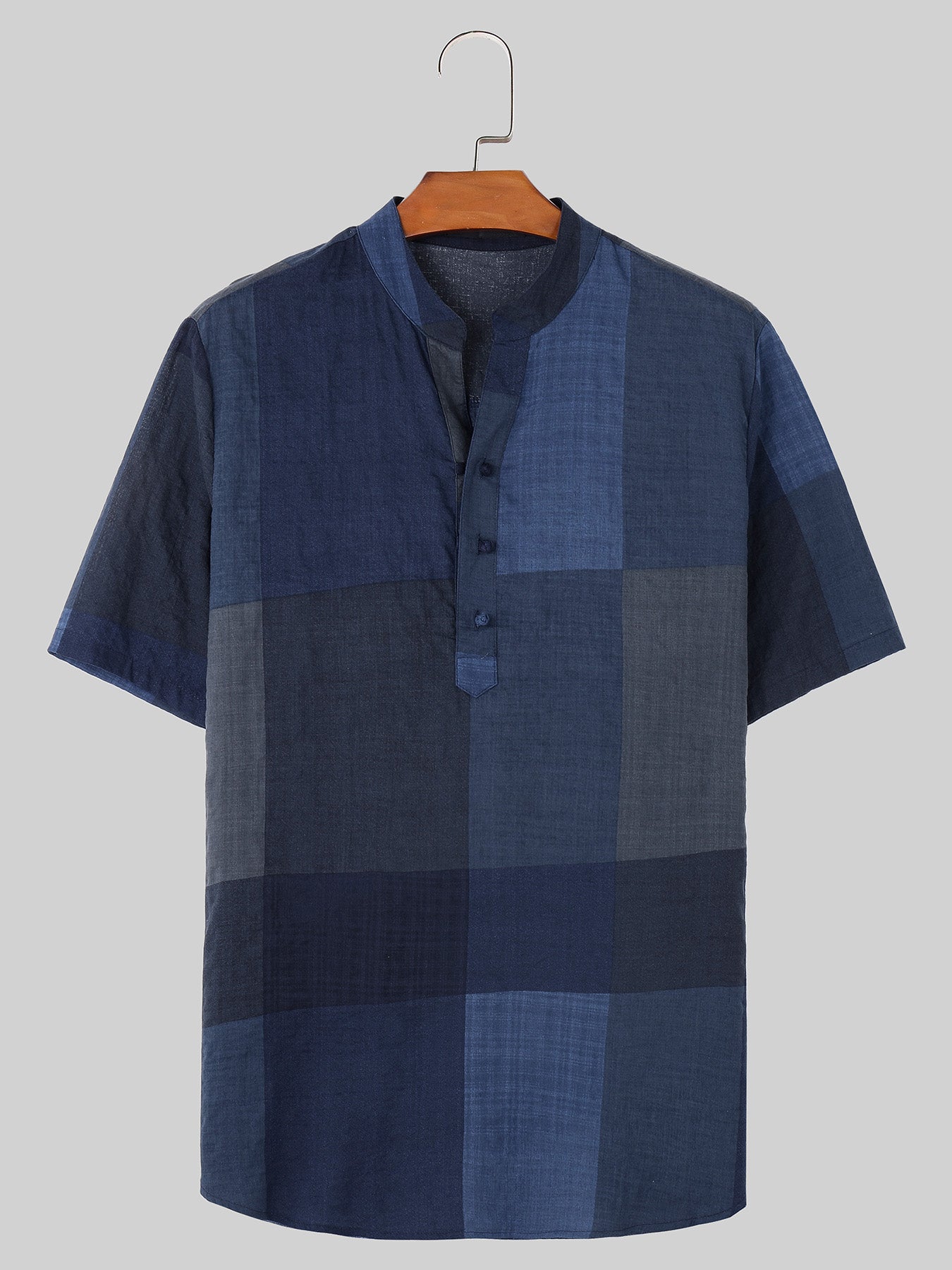 Mens Stand Collar Plaid Short-sleeved Shirts SKUI90934