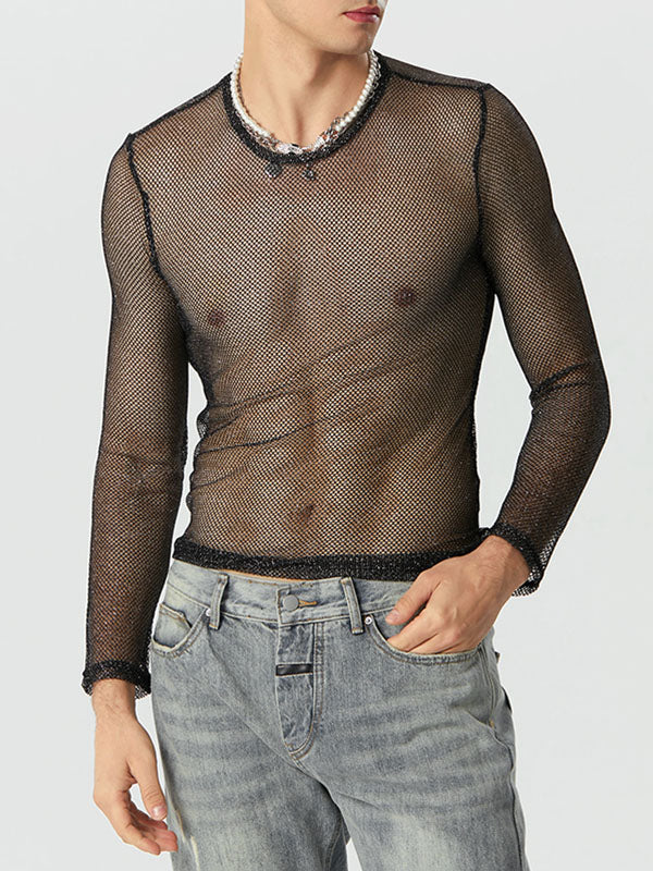 Mens Shiny Mesh See-Through Long Sleeve T-Shirt SKUJ50496