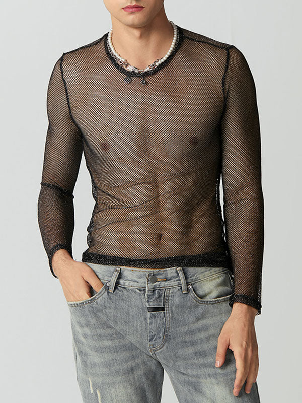 Mens Shiny Mesh See-Through Long Sleeve T-Shirt SKUJ50496