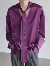 Mens Solid Satin V-Neck Long Sleeve Shirt SKUK53587