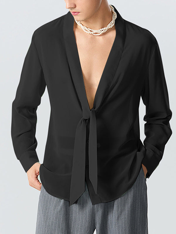 Mens Mesh See Through Tie Neck Shirt SKUK16979