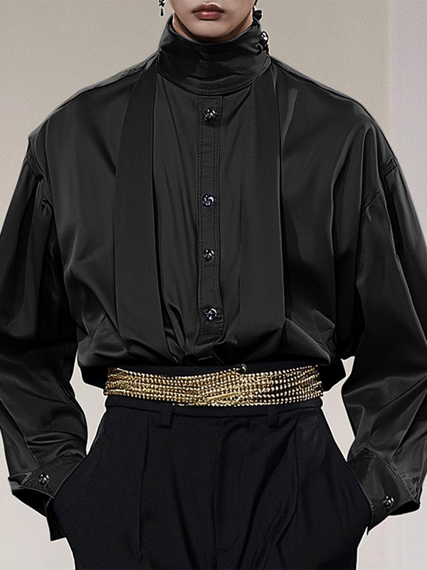 Mens Satin Pleated Design Long-Sleeve Shirt SKUK92781