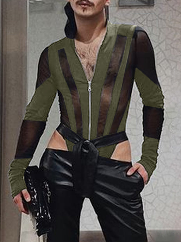 Mens Sheer Mesh Zipper Long-Sleeve Bodysuit SKUK93690