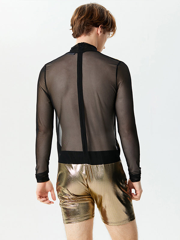 Mens Glitter Patchwork Cutout See Through Bodysuit SKUK39948