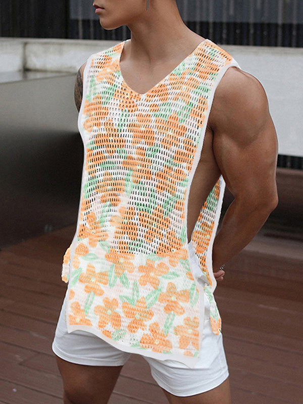 Mens Floral Print Mesh Tie Side Vest SKUK14465