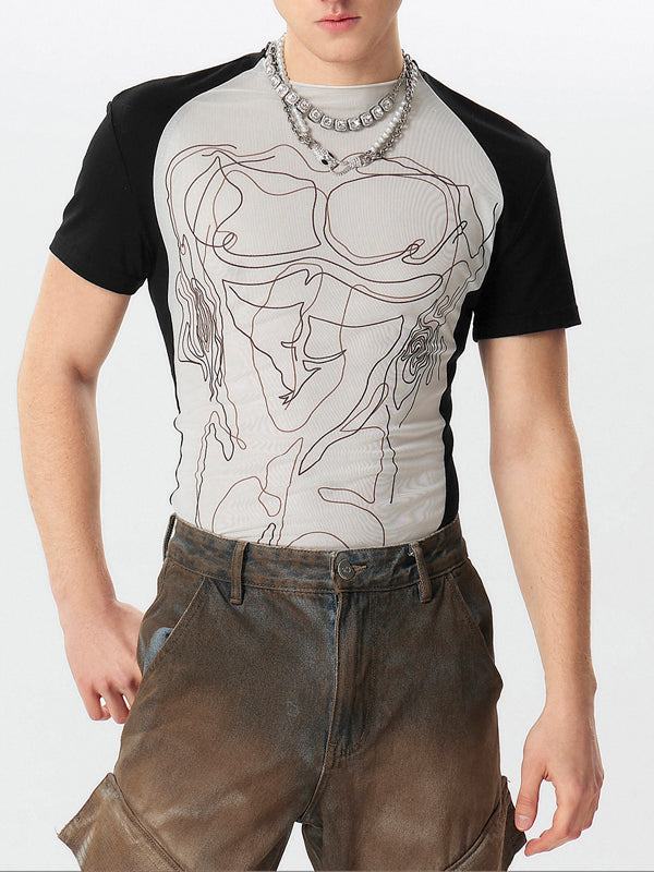 Mens Abstract Print Mesh Patchwork T-Shirt SKUK44892