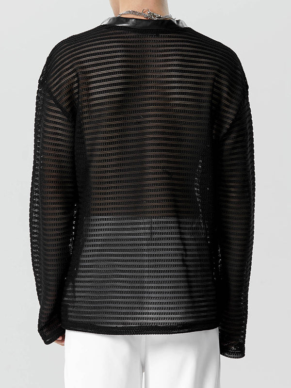 Mens Mesh PU Leather Patchwork Pullover Sweatshirt SKUK36564