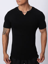 Mens Solid Ribbed Notched Neck T-Shirt SKUK09563