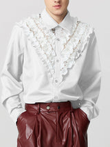 Mens Color-Block Panel Hollow-Out Long-Sleeve Shirt SKUK89167