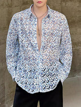 Mens Floral Print See Through Long Sleeve Shirt SKUK61737