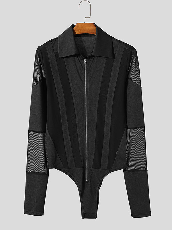 Mens Sheer Mesh Zipper Long-Sleeve Bodysuit SKUK93690