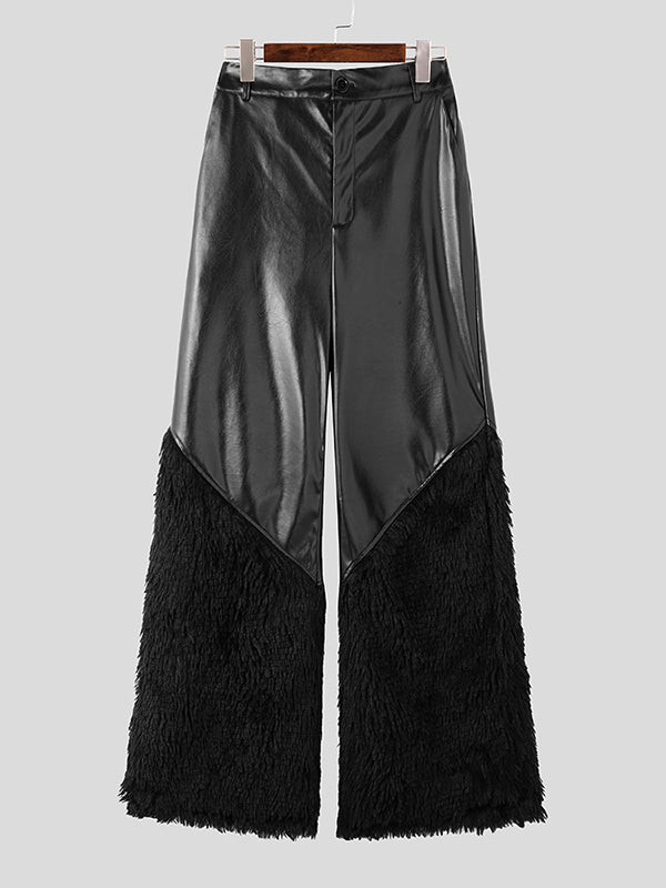 Mens Fleece Patchwork Wide-Leg Leather Pant SKUK91521