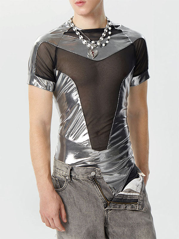 Mens Metallic Mesh Patchwork Short Sleeve Bodysuit SKUK39073