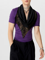 Mens Lace-Panel Cowl Neck Short Sleeve T-Shirt SKUK69168