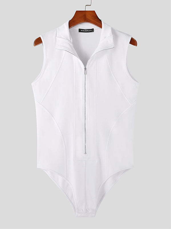 Mens Solid Seam Detail Zip Sleeveless Bodysuit SKUK08361