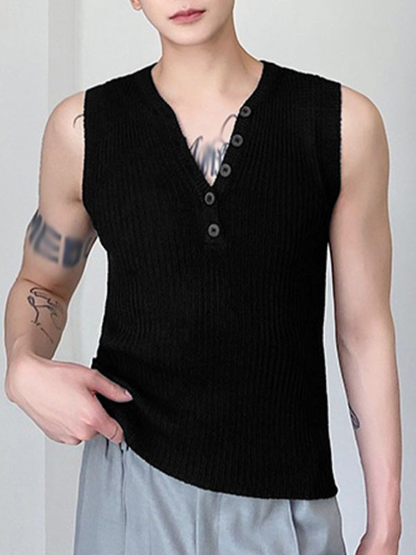 Mens Solid V-Neck Button Design Knit Vest SKUK19607