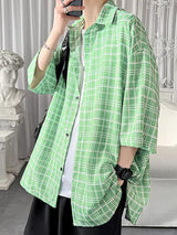 Mens Checkered Color-Block Half-Sleeve Shirt SKUK76216