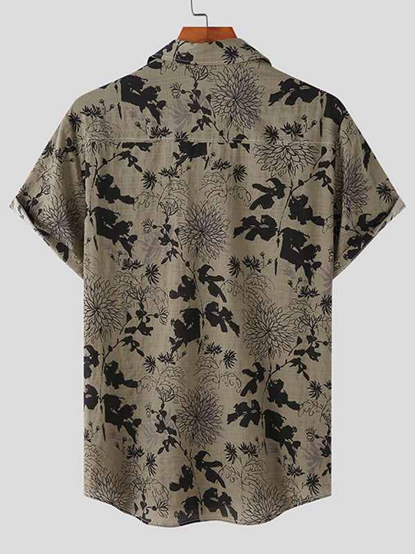 Chemise à imprimé floral ethnique en coton et lin pour homme SKUJ45914