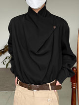 Mens Solid Irregular Neck Long Sleeve Shirt SKUK30968