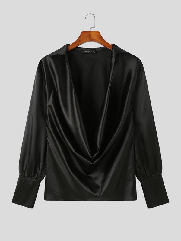 Mens Satin Cowl Neck Solid Shirt SKUK21523