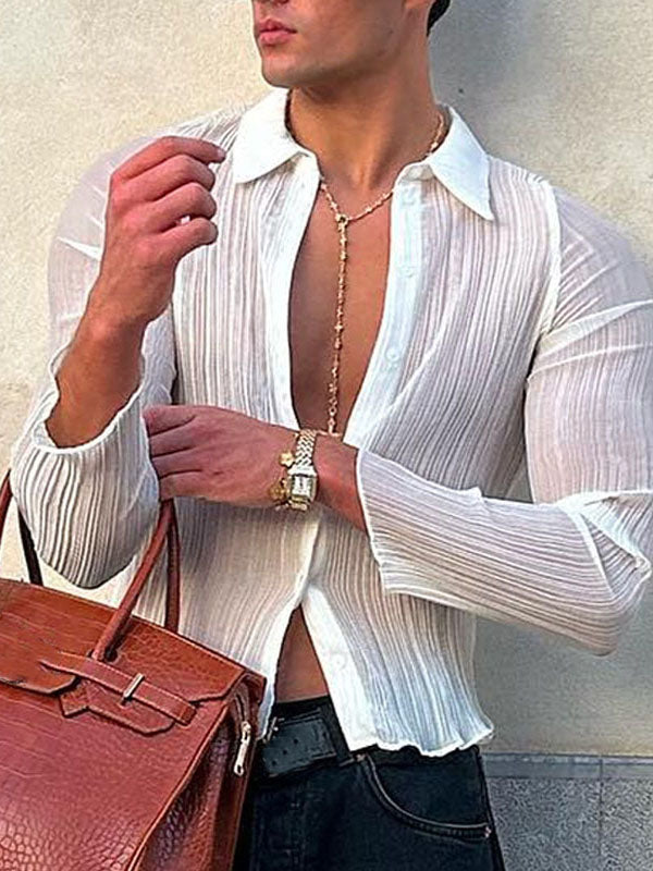 Mens Chiffon Pleated Sheer Long Sleeve Shirt SKUK64523