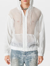 Mens Patchwork Mesh See Through Hooded Jacket SKUK50841